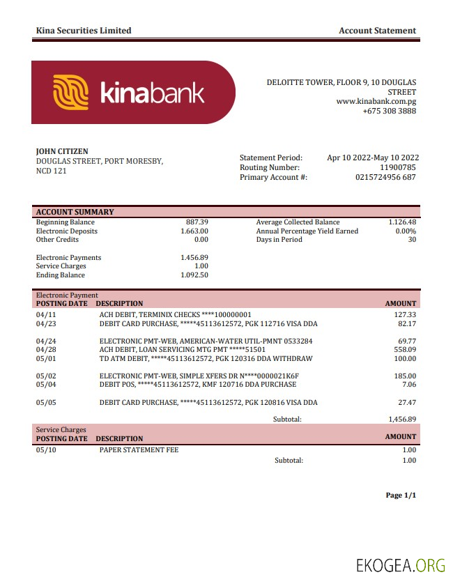 Relevé bancaire de Papouasie-Nouvelle-Guinée Kina Securities Limites template Relevé bancaire de Papouasie-Nouvelle-Guinée Kina Securities Limites template